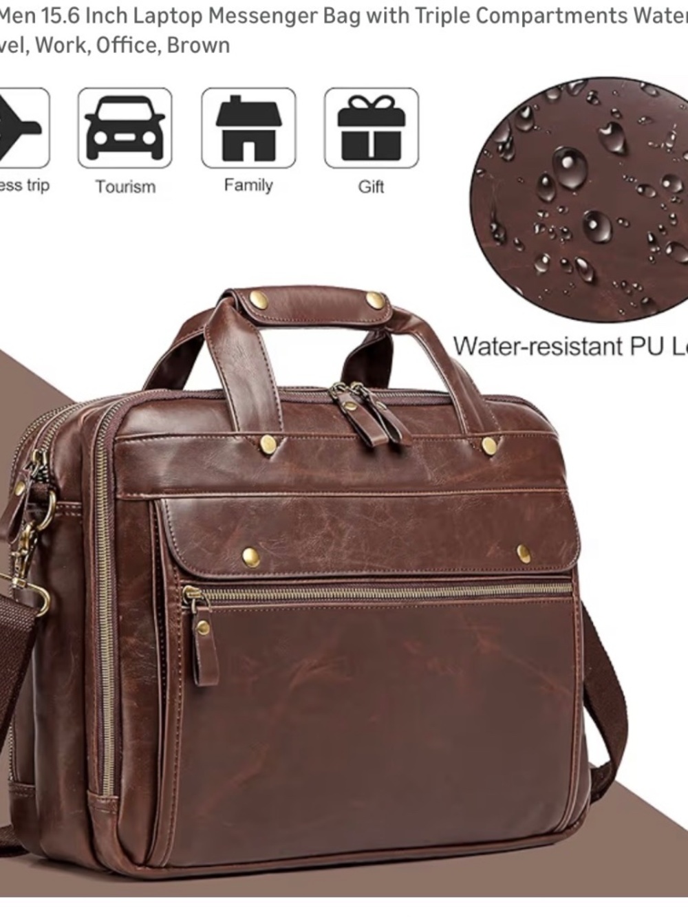 Bosidu Brown Laptop Briefcase Messenger Bag 15.6” Triple Compartment